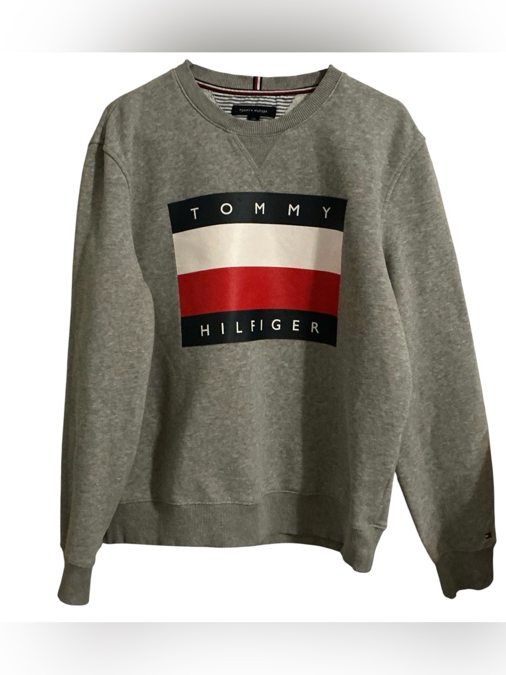 Tommy Hilfiger Mens L Gray Flag Logo Crewneck Sweatshirt Pullover Preppy